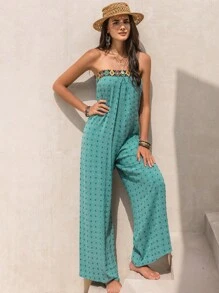 Geo Print Tie Back Swiss Dot Tube Jumpsuit - Cadet Blue - View 1