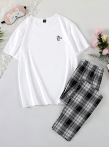 Men Letter Graphic Top & Plaid Print Pants PJ Set, Pajama Set - Black and White - View 1