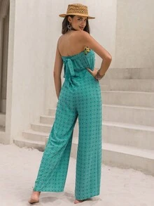 Geo Print Tie Back Swiss Dot Tube Jumpsuit - Cadet Blue - View 2