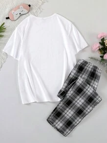 Men Letter Graphic Top & Plaid Print Pants PJ Set, Pajama Set - Black and White - View 2