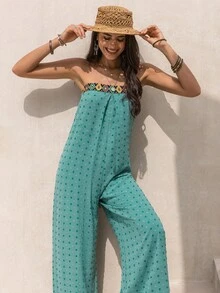 Geo Print Tie Back Swiss Dot Tube Jumpsuit - Cadet Blue - View 4