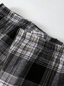 Men Letter Graphic Top & Plaid Print Pants PJ Set, Pajama Set - Black and White - View 4