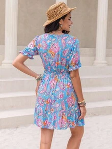 Rusttydustty Vestido corto de verano para vacaciones en la playa con estampado floral, cuello en V, encaje de contraste, mangas abullonadas y cintura ceñida - Azul - Ver 2