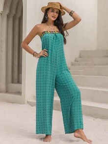 Geo Print Tie Back Swiss Dot Tube Jumpsuit - Cadet Blue - View 5