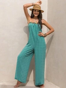 Geo Print Tie Back Swiss Dot Tube Jumpsuit - Cadet Blue - View 6