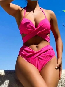 Bộ Bikini Nữ Hội Chữ thập Thắt nút xoắn lại màu trơn - Màu Hồng Tươi - Xem 1