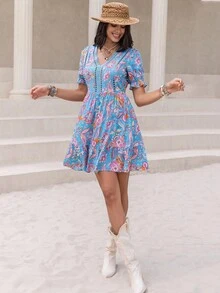 Rusttydustty Vestido corto de verano para vacaciones en la playa con estampado floral, cuello en V, encaje de contraste, mangas abullonadas y cintura ceñida - Azul - Ver 3