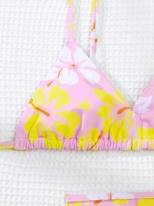 SHEIN 青少年女孩花卉印花比基尼套装搭配沙滩裙夏日海滩 - 彩色 - 查看 4