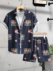Manfinity RSRT Men Random Floral Print Shirt & Drawstring Waist Shorts Without Tee - Navy Blue - View 1