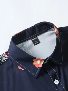 Manfinity RSRT Men Random Floral Print Shirt & Drawstring Waist Shorts Without Tee - Navy Blue - View 4