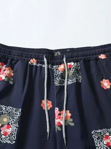 Manfinity RSRT Men Random Floral Print Shirt & Drawstring Waist Shorts Without Tee - Navy Blue - View 5