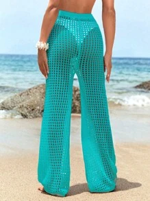 SHEIN 鏤空勾織闊腿罩衫長褲 - 青碧色 - 查看 1