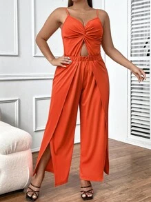 Celure Jumpsuits Plus Size Cắt ra Chia xoắn lại màu trơn Giải trí - trái cam - Xem 6