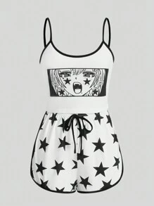Be Kind and Love Yourself Figure Graphic Contrast Binding PJ Set - Black and White - View 1