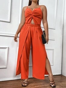 Celure Jumpsuits Plus Size Cắt ra Chia xoắn lại màu trơn Giải trí - trái cam - Xem 7