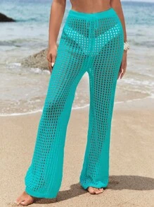 SHEIN 鏤空勾織闊腿罩衫長褲 - 青碧色 - 查看 5