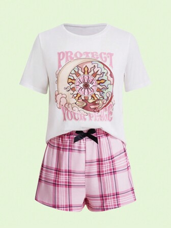 Rosie con grafica lettera Maglietta & a quadri Shorts Set pigiama