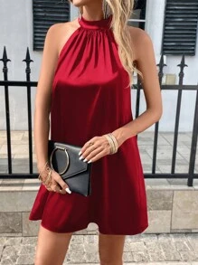 SHEIN Privé Đầm Nút màu trơn Giải trí - Màu Đỏ Sâu - Xem 1