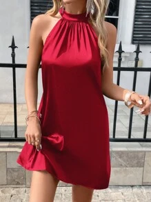 SHEIN Privé Đầm Nút màu trơn Giải trí - Màu Đỏ Sâu - Xem 3