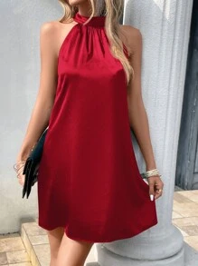 SHEIN Privé Đầm Nút màu trơn Giải trí - Màu Đỏ Sâu - Xem 5