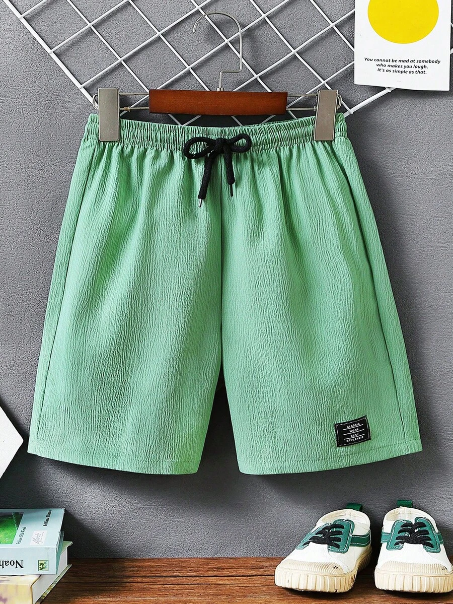 SHEIN 男孩字母補丁細節腰部抽繩短褲 - 綠色 - 查看 1