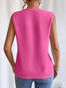 EMERY ROSE Camisa sin manga unicolor de cuello V - Rosa Fucsia - Ver 2