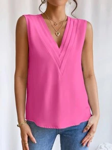EMERY ROSE Camisa sin manga unicolor de cuello V - Rosa Fucsia - Ver 6