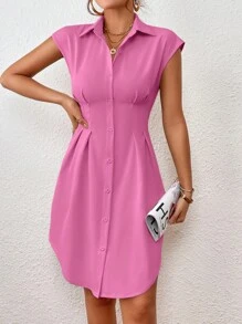 SHEIN Privé Đầm Uốn nếp Nút phía trước màu trơn Giải trí - Hồng - Xem 1