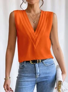 EMERY ROSE Solid V Neck Sleeveless Blouse - Orange - View 5