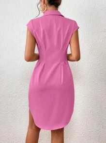 SHEIN Privé Đầm Uốn nếp Nút phía trước màu trơn Giải trí - Hồng - Xem 2