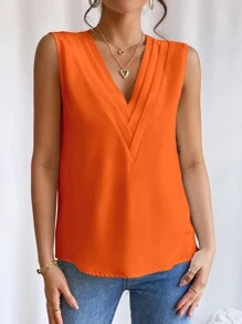 EMERY ROSE Solid V Neck Sleeveless Blouse - Orange - View 6