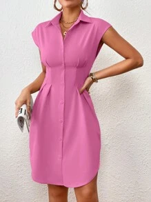 SHEIN Privé Đầm Uốn nếp Nút phía trước màu trơn Giải trí - Hồng - Xem 5
