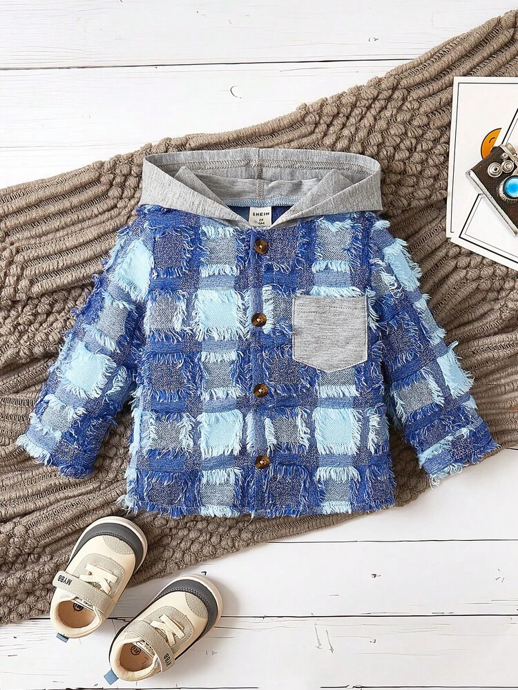Baby Boy Plaid Print Fringe Hooded Shirt