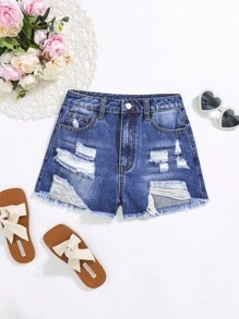 SHEIN 青少年女孩破洞毛邊牛仔短褲 - 深色水洗藍 - 查看 1