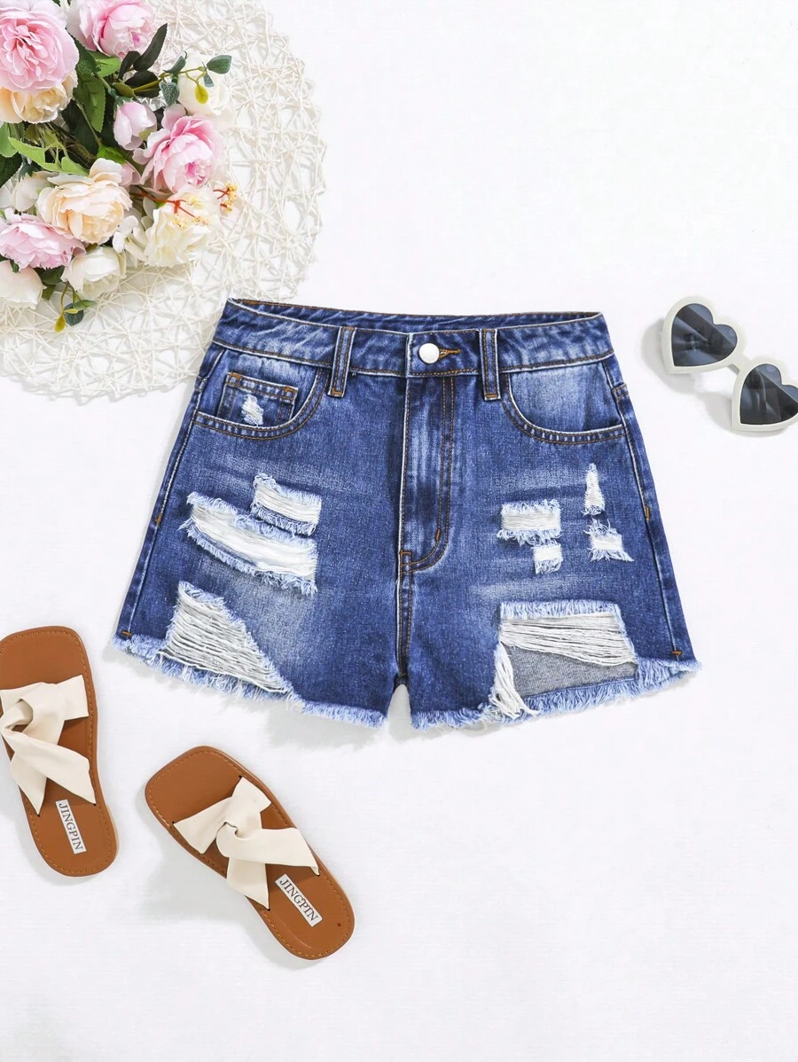 SHEIN 青少年女孩破洞毛邊牛仔短褲 - 深色水洗藍 - 查看 1