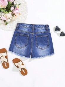 SHEIN 青少年女孩破洞毛邊牛仔短褲 - 深色水洗藍 - 查看 2