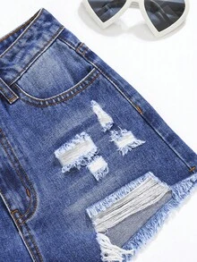 SHEIN 青少年女孩破洞毛邊牛仔短褲 - 深色水洗藍 - 查看 3