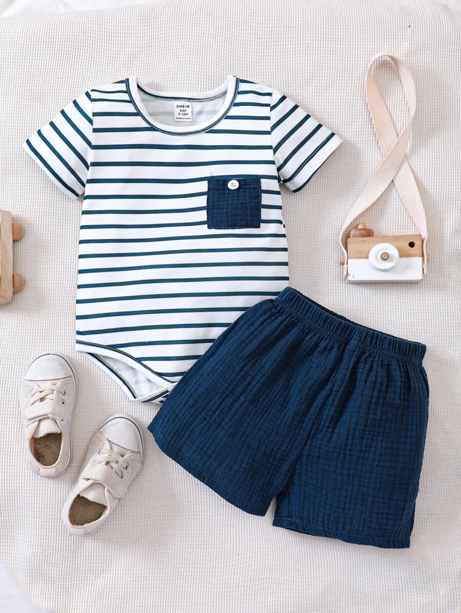 SHEIN Vintaside Kids 男嬰條紋圖案補丁貼口袋連體衣和短褲