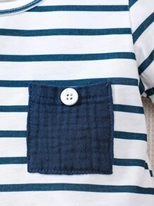 SHEIN Vintaside Kids 男嬰條紋圖案補丁貼口袋連體衣和短褲