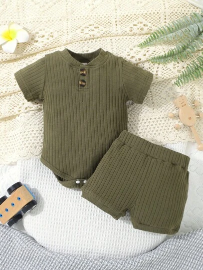 男婴童條紋針織連體衣和短褲