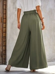 Teen Girl Solid Color Wide-Leg Pants, High Waist, Wide-Leg Design, Simple And Versatile, Soft And Comfortable, Breathable For Summer - Army Green - View 2