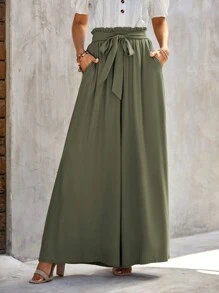 Teen Girl Solid Color Wide-Leg Pants, High Waist, Wide-Leg Design, Simple And Versatile, Soft And Comfortable, Breathable For Summer - Army Green - View 3
