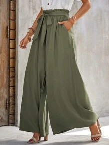 Teen Girl Solid Color Wide-Leg Pants, High Waist, Wide-Leg Design, Simple And Versatile, Soft And Comfortable, Breathable For Summer - Army Green - View 4