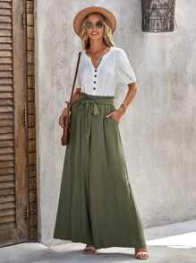 SHEIN LUNE 紙袋腰前繫帶闊腿褲 - 軍綠色 - 查看 6