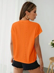 SHEIN Essnce 素色網眼刺繡蝙蝠袖T恤 - 橘色 - 查看 2