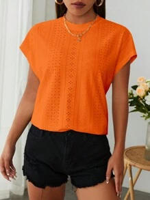 SHEIN Essnce 素色網眼刺繡蝙蝠袖T恤 - 橘色 - 查看 3