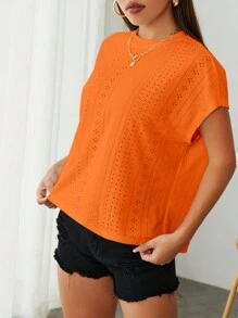 SHEIN Essnce 素色網眼刺繡蝙蝠袖T恤 - 橘色 - 查看 4