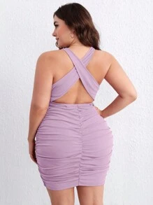 SHEIN Privé Plus Crisscross Backless Ruched Bodycon Dress - Lilac Purple - View 1