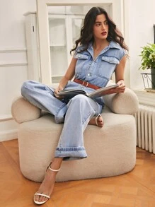 SHEIN Frenchy 翻蓋口袋前紐扣牛仔連身褲不附腰帶