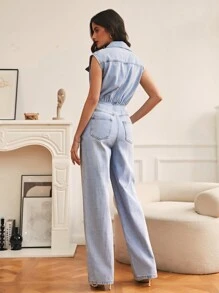 SHEIN Frenchy 翻蓋口袋前紐扣牛仔連身褲不附腰帶